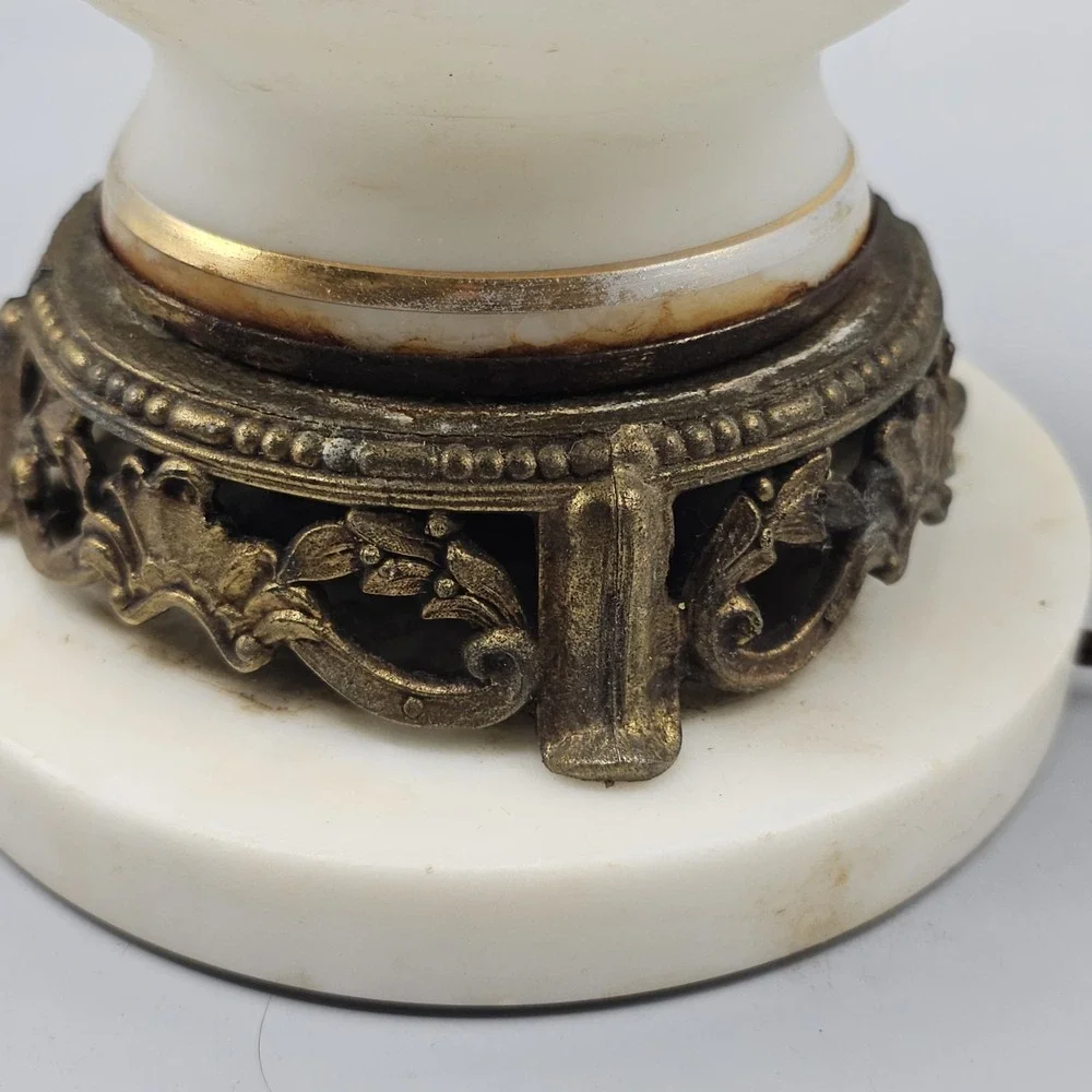 Vintage Gold Floral Milk Glass Table Lamp Marble Base 19